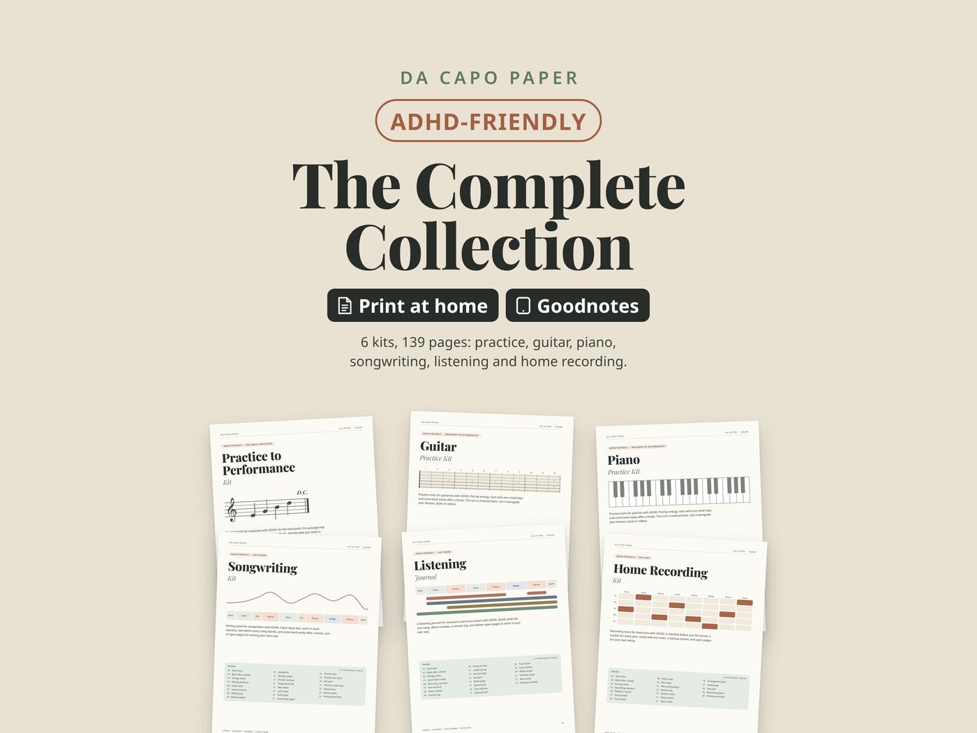 Da Capo Paper ADHD-friendly music practice journal bundle: the covers of the six kits, for practice, guitar, piano, songwriting, listening and home recording, in printable and Goodnotes editions.