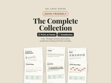 Da Capo Paper ADHD-friendly music practice journal bundle: the covers of the six kits, for practice, guitar, piano, songwriting, listening and home recording, in printable and Goodnotes editions.