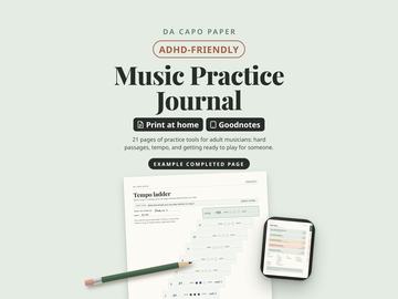 Included: the music practice journal (Practice to Performance Kit), with an example completed tempo ladder page and the kit on a tablet.