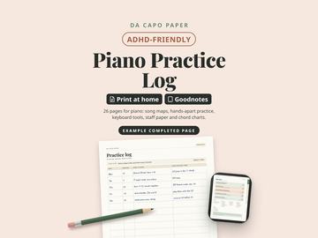 Included: the piano practice log, with an example completed practice log page and the kit on a tablet.
