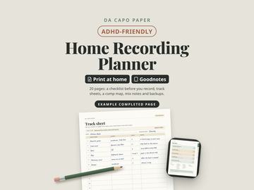 Included: the home recording planner, with an example completed track sheet and the kit on a tablet.