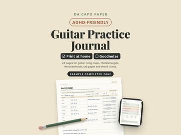 Da Capo Paper ADHD-friendly guitar practice journal, a printable and Goodnotes PDF: an example completed song map page with a pencil, and the kit on a tablet.