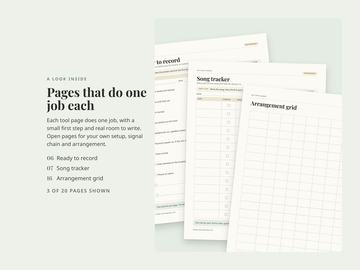Three blank pages from the recording kit: ready to record, song tracker and arrangement grid.