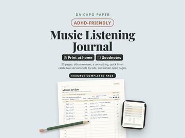 Da Capo Paper ADHD-friendly music listening journal, a printable and Goodnotes PDF: an example completed album review page with a rating, and the journal on a tablet.