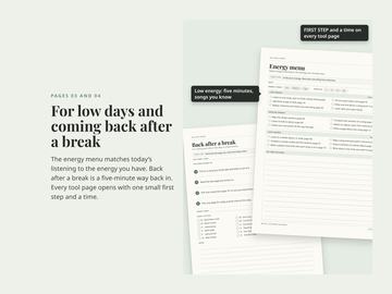 Energy menu and Back after a break pages: pick what to listen to by how much energy you have, and a five-minute way back in after time away.