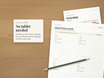 Printed quick listen cards page on a wooden desk with a pencil, the cover underneath. No tablet needed: print at home on US Letter or A4, in color or low-ink.