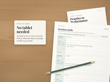 Printed session cards page on a wooden desk with a pencil, the cover underneath. No tablet needed: print at home on US Letter or A4, in color or low-ink.