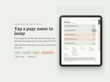 Goodnotes edition on a tablet: the Start here page with five clickable doors, a clickable index of every page, and colored section tabs down the right side.