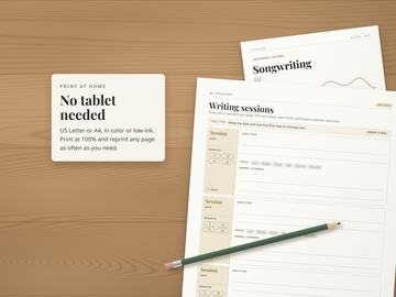 Printed writing sessions page on a wooden desk with a pencil, the cover underneath. No tablet needed: print at home on US Letter or A4, in color or low-ink.