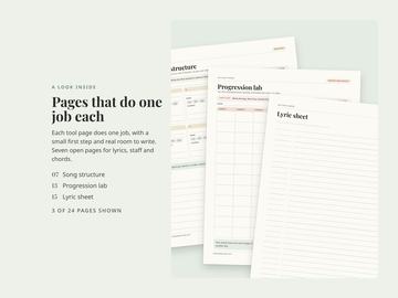 Three blank pages from the songwriting kit: song structure, progression lab and a lyric sheet.